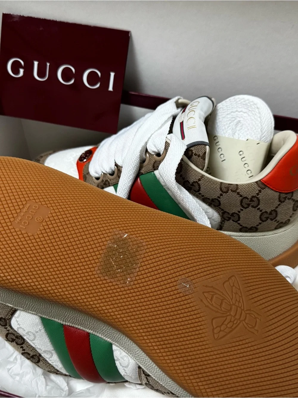 Gucci Brown GG Canvas Sneakers with White, Red & Green Accents